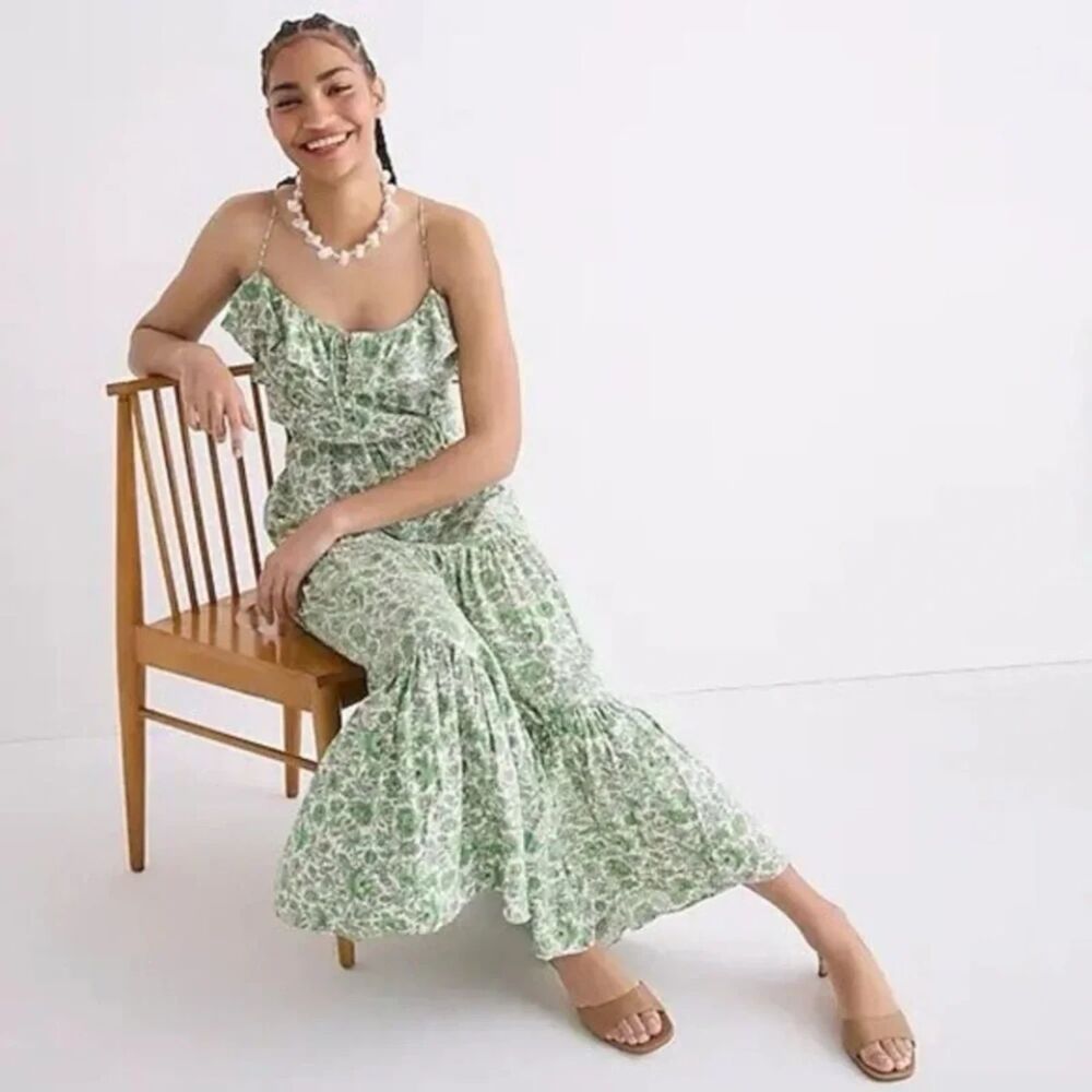 J. Crew Tiered Maxi Dress in Tossed Floral Green Ivory Size Small